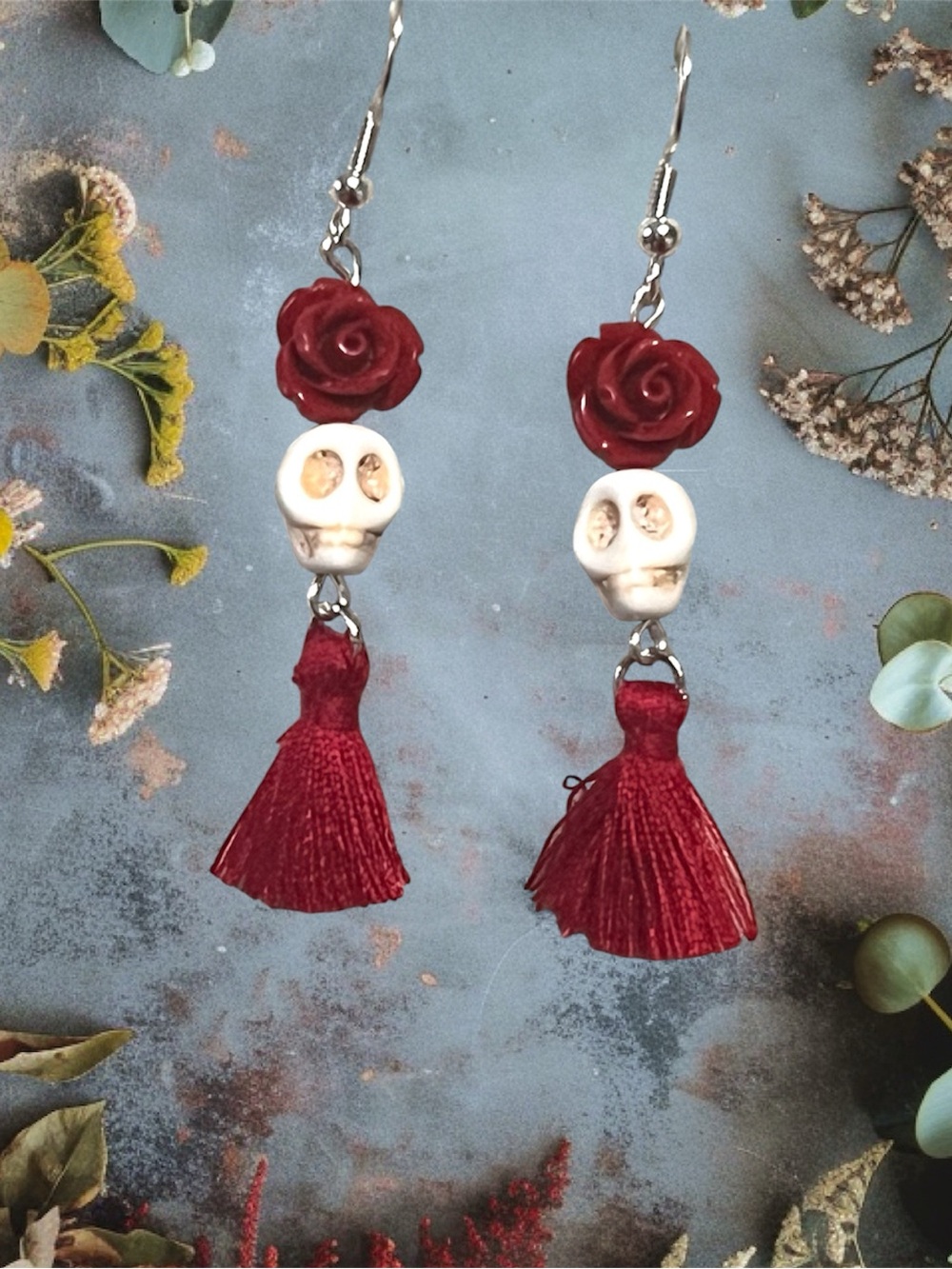 Red Rose & Skull Tassel Earrings - Women Jewelry - Picture 3 of 3